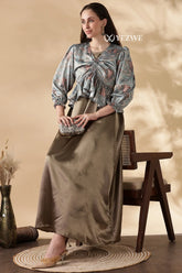 Yezwe Peplum Top Satin in Olive and Pastel Over Top With Sain Gown Modest Wear